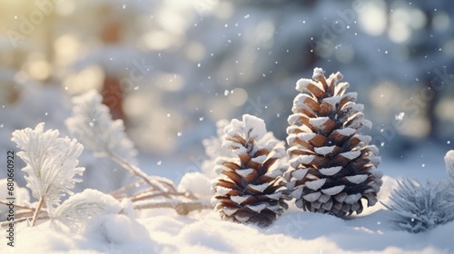 Winter background with pine cones. winter card with cones on the snow.
