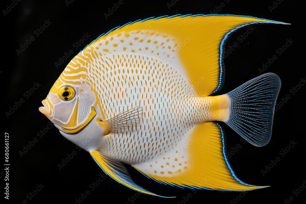 Naklejka premium The serene beauty of angelfish gliding gracefully in front of the swaying sea anemones, with their striking patterns and graceful movements, presents a tranquil and aquatic-filled sight. Observing the