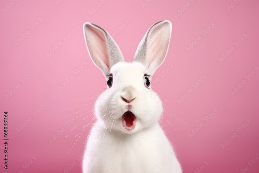 Obraz premium White cute rabbit with a surprised expression on a pink background
