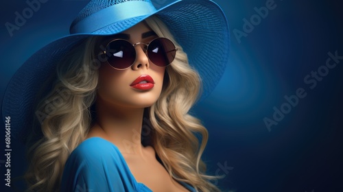 Young and beautiful woman in a blue hat and sunglasses on a blue background. fashion and beauty.