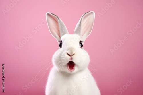 White cute rabbit with a surprised expression on a pink background © Diamanddog 76