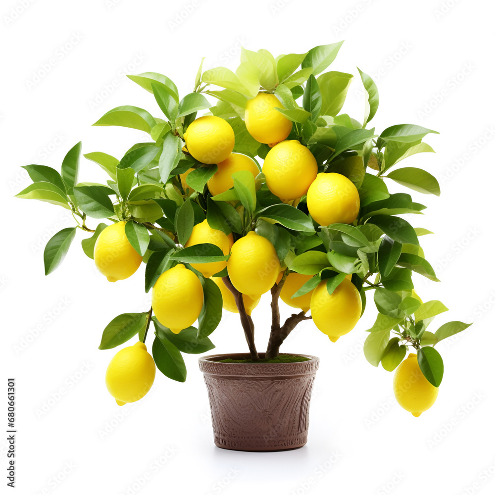 A bush with lemon fruits in a pot on white backgrounds