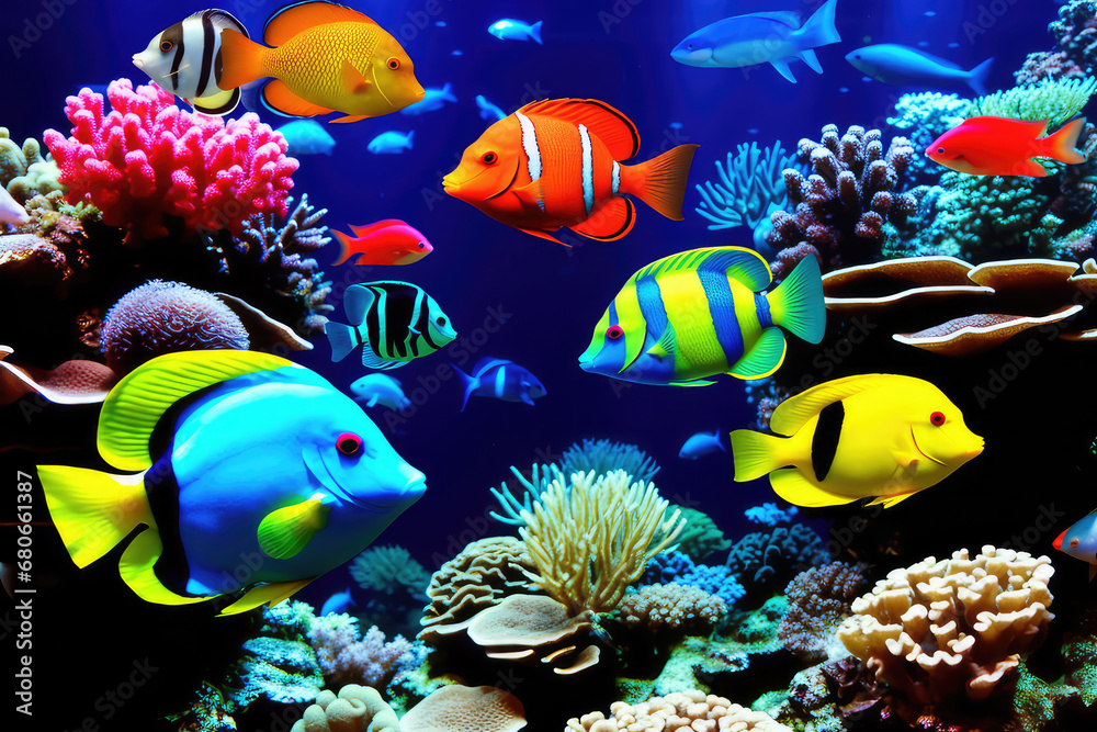 Fototapeta premium The captivating allure of anthias fish with their vivid colors and graceful movements, darting among the delicate tendrils of sea anemones, presents a fascinating and tropical view. Observing these vi