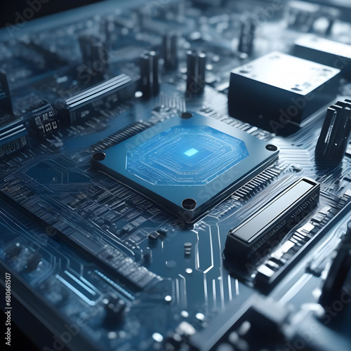 Computer motherboard with CPU. Circuit board system chip with core processor. Futuristic computer technology background