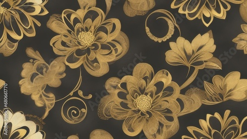 Seamless pattern of flowers in black and gold color. Abstract intricate flower design.