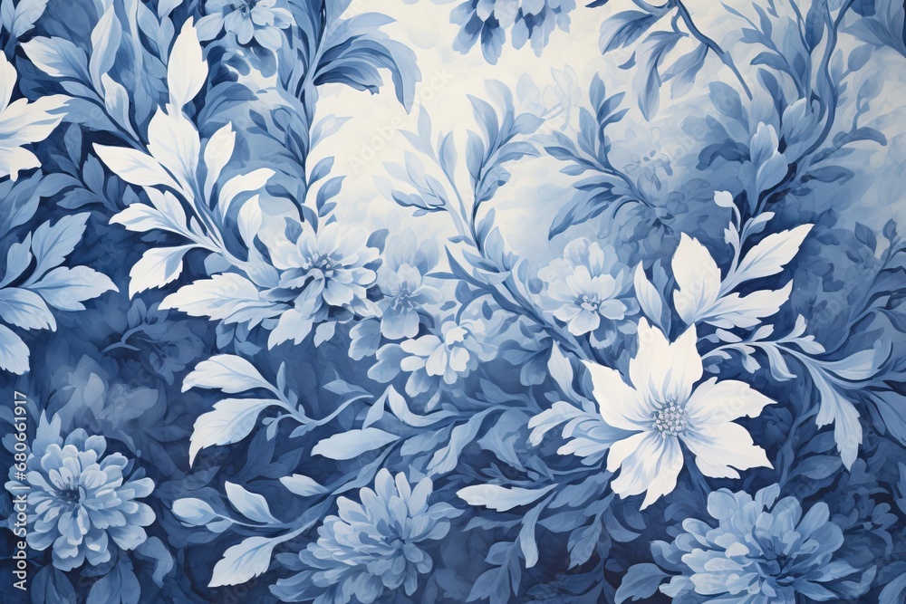 Fototapeta premium Cyanotype abstract blue and white flowers. Seamless floral pattern texture on a plain cyan background. Great as vectors, wallpaper or background. Generative AI, AI