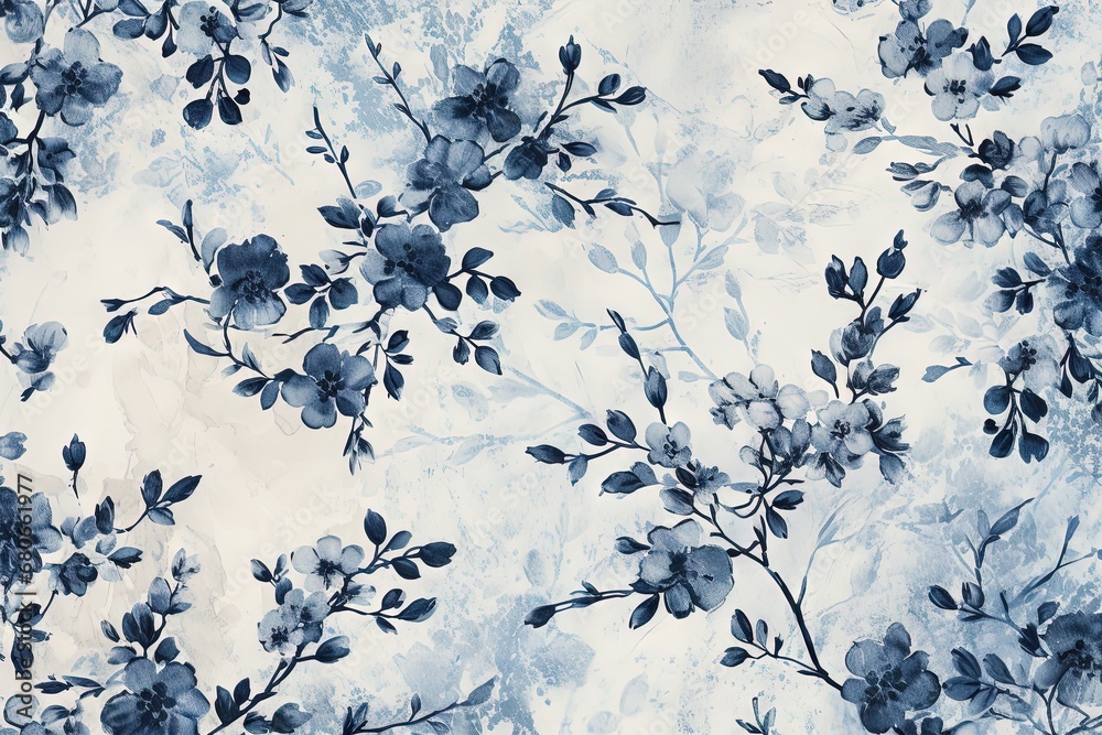 Fototapeta premium Cyanotype abstract blue and white flowers. Seamless floral pattern texture on a plain cyan background. Great as vectors, wallpaper or background. Generative AI, AI