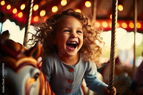 Joyful Carousel Delight A Happy Young Girl Revels in Excitement on a Colorful Merry-Go-Round at the Amusement Park. created with Generative AI