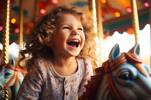 Joyful Carousel Delight A Happy Young Girl Revels in Excitement on a Colorful Merry-Go-Round at the Amusement Park. created with Generative AI © photobuay