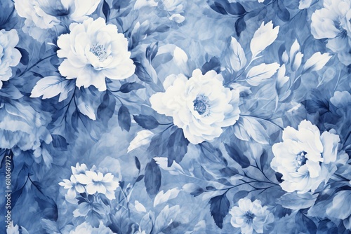 Cyanotype abstract blue and white flowers. Seamless floral pattern texture on a plain cyan background. Great as vectors, wallpaper or background. Generative AI, AI