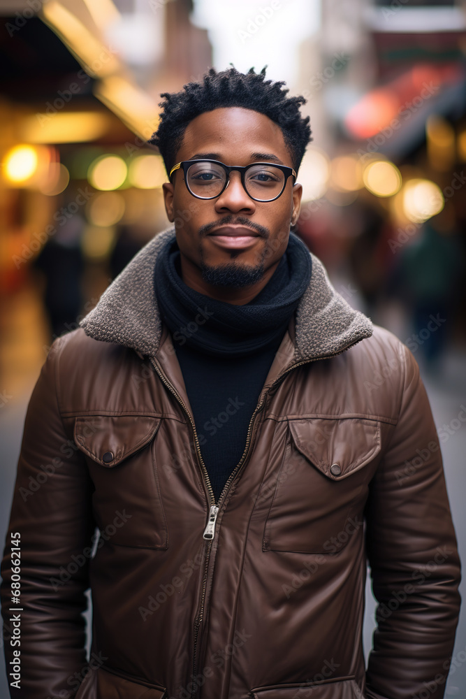 black man with glasses standing on street, generative ai 