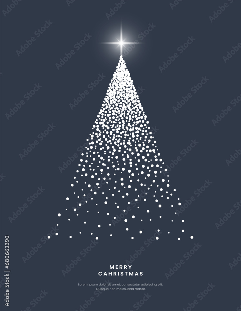 Merry Christmas, Happy New Year. White snow christmas tree greeting card, cover, banner, poster background. Copy space. Modern xmas holiday celebration concept. Trendy style vector flat illustration.