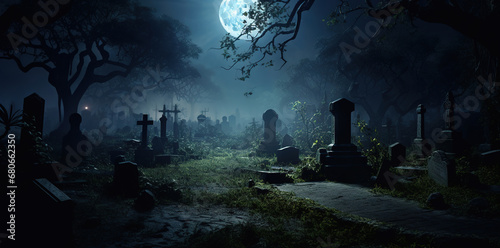cemetery with tombstones and a big moon, generative ai  photo