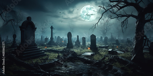 cemetery with tombstones and a big moon, generative ai  photo