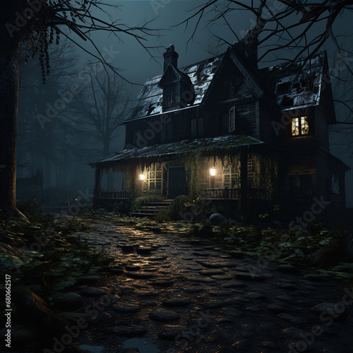 creepy old house at night in the forest  generative ai