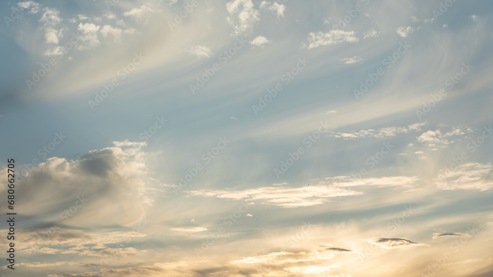 Obraz premium The summer evening sky with cirrus clouds is slightly illuminated by the yellowish sunlight.