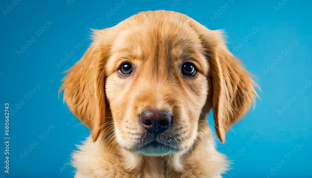 Studio portrait of a cute purebred golden retriever puppy on a blue background.