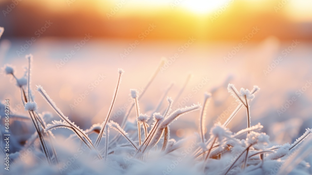 Obraz premium Winter season outdoors landscape, frozen plants in nature on the ground covered with ice and snow, under the morning sun - Seasonal background for Christmas wishes and greeting card