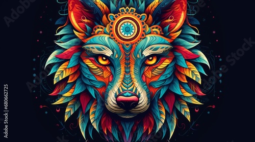 Psychedelic wolf head with symmetrical mandala shapes. Animal Totem, spiritual guide, mystical emblem of the shaman