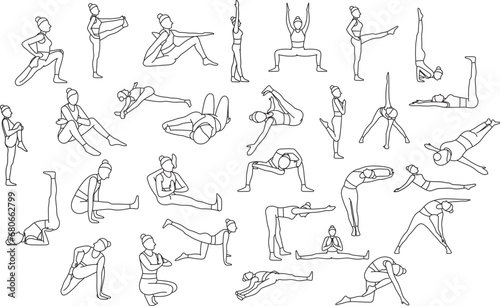 set of simple vector icons, healthy lifestyle, yoga asanas, sports, doodles and sketches