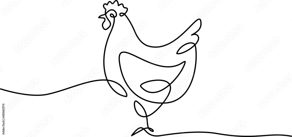 Naklejka premium Chicken logo. Continuous one line art drawing style.