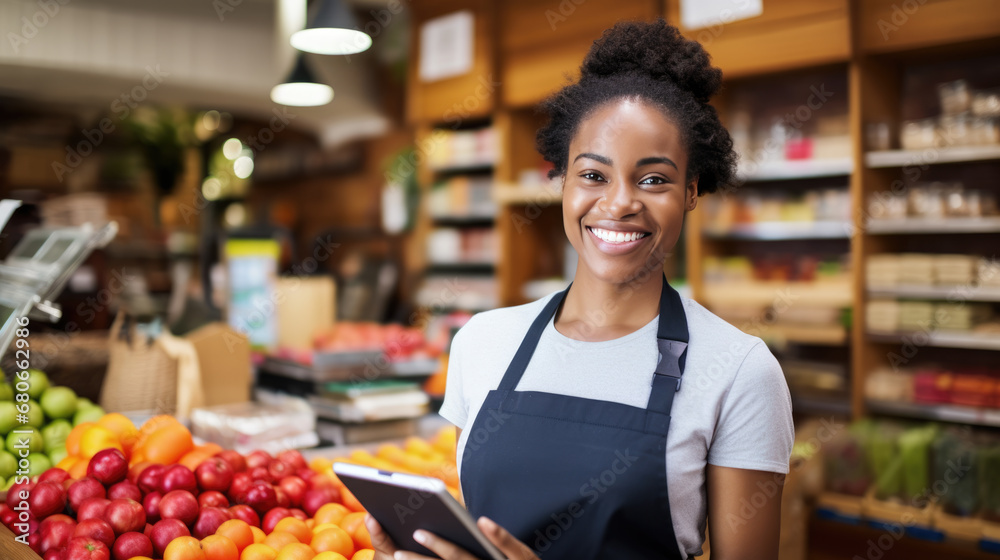 Obraz premium Smiling female supermarket employee in an apron is holding a tablet, standing in the produce section with fruits and vegetables in the background.
