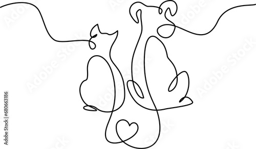 Cat and dog friends Love heart. Continuous one line drawing