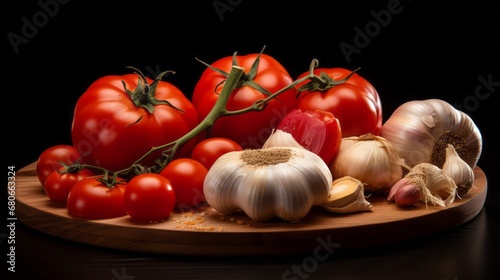 On a black backdrop, a wooden plate holds tomatoes and garlic.