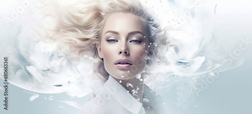 Women faces  Young woman Girl in abstract smoke and water drops Fashion spa salon advertising. Abstract fashion concept horizontal copy space.