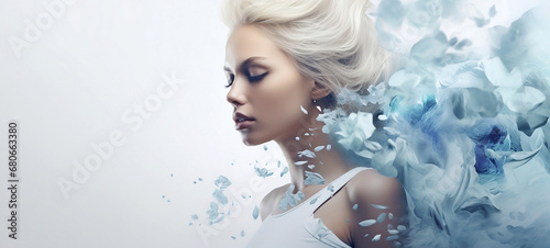 Women faces Young woman Girl in abstract smoke and water drops Fashion spa salon advertising. Abstract fashion concept horizontal copy space.