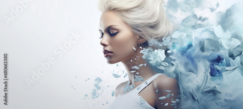 Women faces  Young woman Girl in abstract smoke and water drops Fashion spa salon advertising. Abstract fashion concept horizontal copy space.