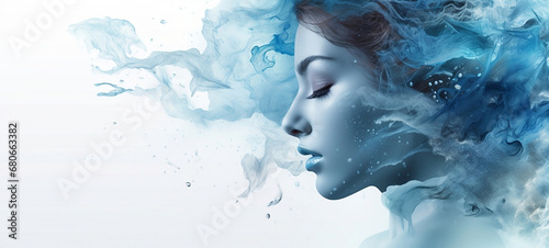 Women faces  Young woman Girl in abstract smoke and water drops Fashion spa salon advertising. Abstract fashion concept horizontal copy space.