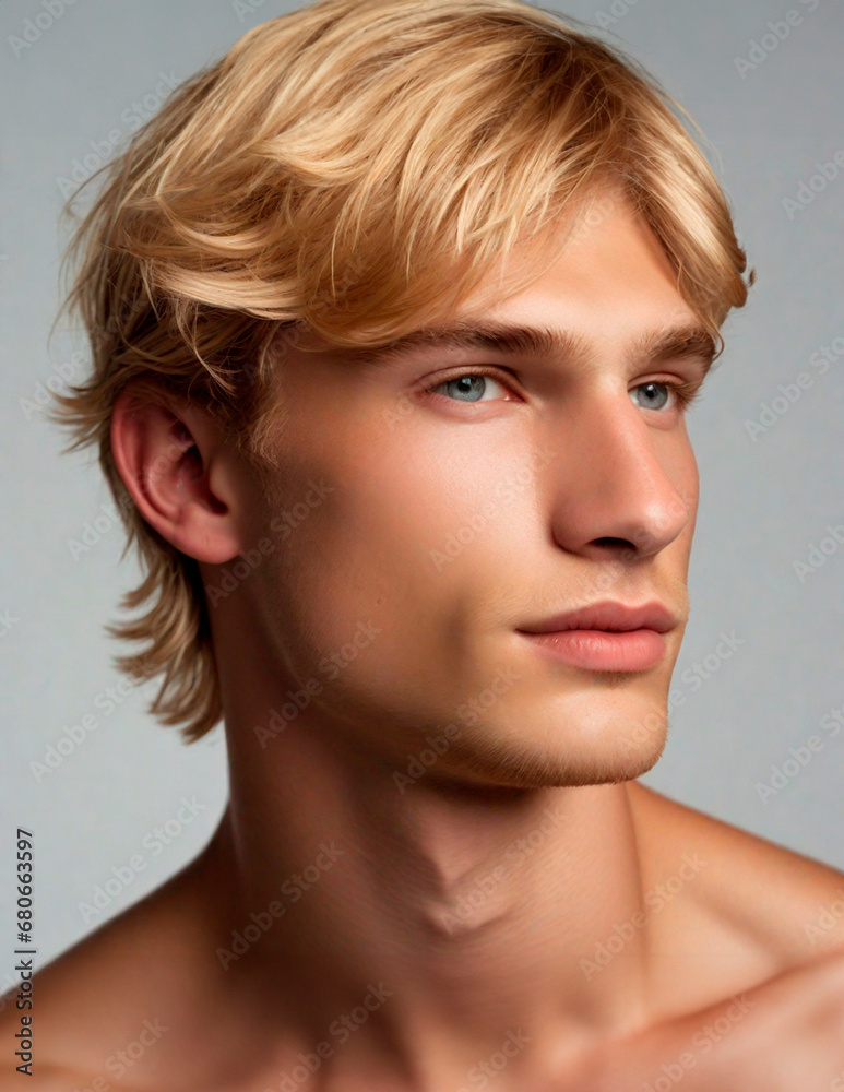 Young man model in studio portrait, attractive perfect face. Advertising, ad, advert. Blond, flawless skin. Beauty, skincare, wellness, underwear, fashion, hairdresser. Isolated in plain background. Young man model in studio portrait, attractive perfect face. Advertising, ad, advert. Blond, flawless skin. Beauty, skincare, wellness, underwear, fashion, hairdresser. Isolated in plain background.