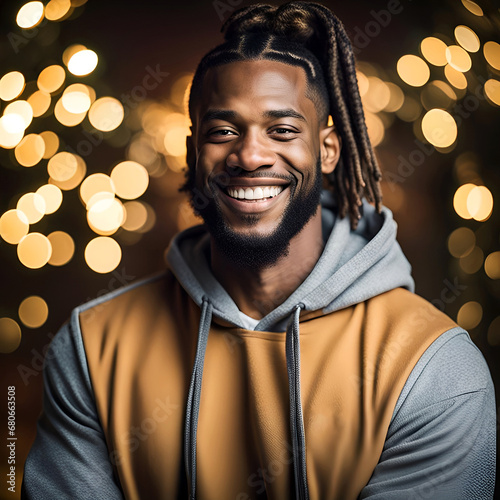 Portrait of smiling man with festive background. Photorealism and illustration blend imagery..