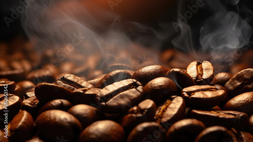 Freshly roasted coffee beans are emitting steam, highlighting their rich aroma and texture against a dark background.