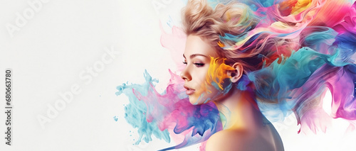 Women faces smoke horizontal copy space on pastel pink background. Illustration AI.