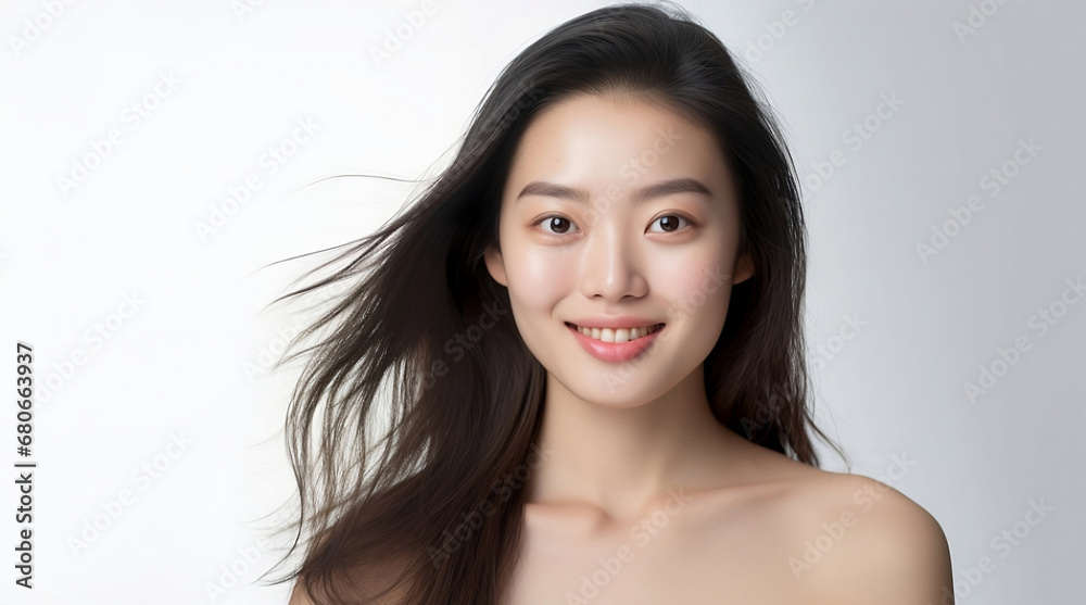 Asian teen with long hair, white T-shirt, in front of a plain white studio, softly lit. AI horizontal copy space on pastel background. Asian teen with long hair, white T-shirt, in front of a plain white studio, softly lit. AI horizontal copy space on pastel background.