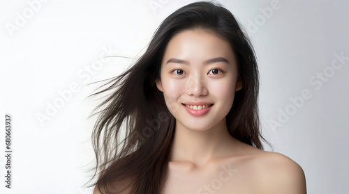 Asian teen with long hair, white T-shirt, in front of a plain white studio, softly lit. AI horizontal copy space on pastel background. 