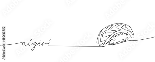 Sushi, salmon nigiri, Aburi nigiri one line art. Continuous line drawing of sushi, japanese, food, roll, culture, tasty, restaurant, japan, asian, sea, menu with inscription, lettering, handwritten.