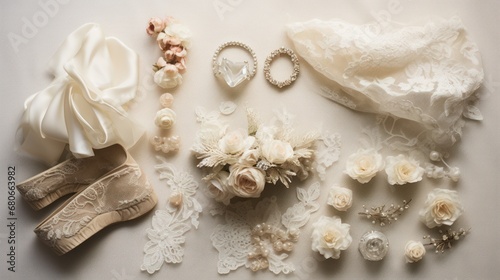  a table topped with a bouquet of flowers next to a pair of shoes and a bouquet of flowers next to a pair of shoes and a pair of wedding rings.