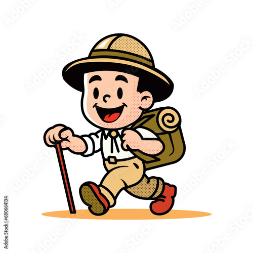 cartoon hiker, cute funny flat character, vector illustration.