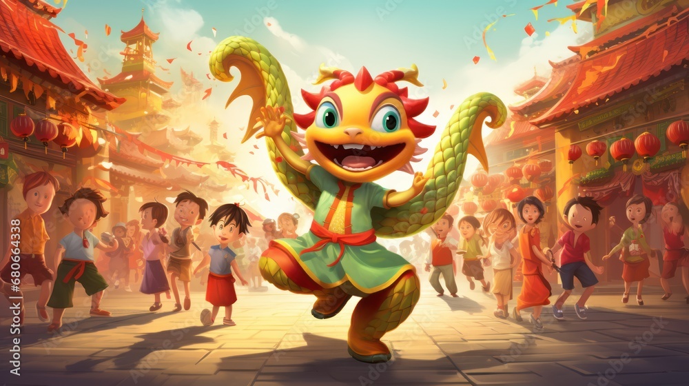 Obraz premium a cartoon picture of a dragon dancing in front of a group of children in a chinese temple with confetti falling from the sky and confetti on the ground.