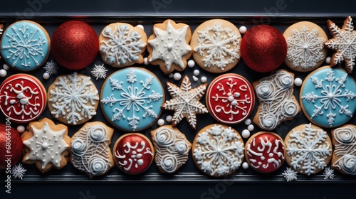 a close up of a box of cookies decorated like snowflakes and snowflakes with red, white, and blue icing on top of the cookies.