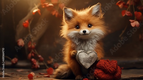 Little fox holding a red heart photo
