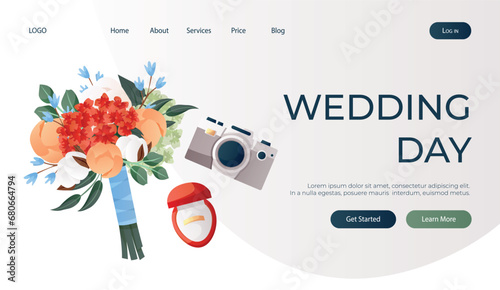 Landing page with wedding bouquet of peony, engagement ring in red velvet box, retro camera.Wedding day accessories, decorations. Celebrate marriage, save the date ceremony poster, banner, cover, card