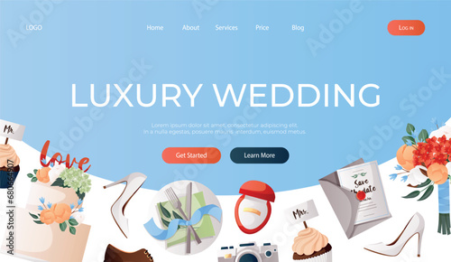 Landing page with wedding day accessories, decorations. Cake with flowers, champagne glasses, bride groom cupcakes, engagement ring, proposing card. Celebrate marriage, save the date ceremony poster