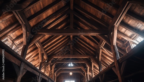The Enchanting Interior of a Rustic Building with Exposed Wooden Beams