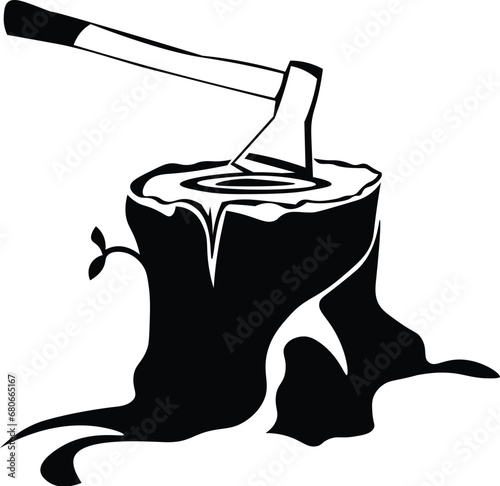 Cartoon Black and White Isolated Illustration Vector Of A Woodcutting Axe Stuck in a Tree Stump