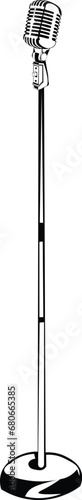 Cartoon Black and White Isolated Illustration Vector Of A Vintage Retro Microphone on a Stand