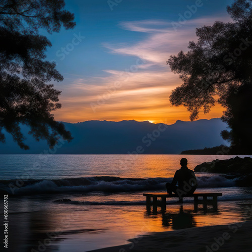 Silueta hombre sentado en un banco junto al mar entre dos árboles frente a una montaña y una puesta de sol 